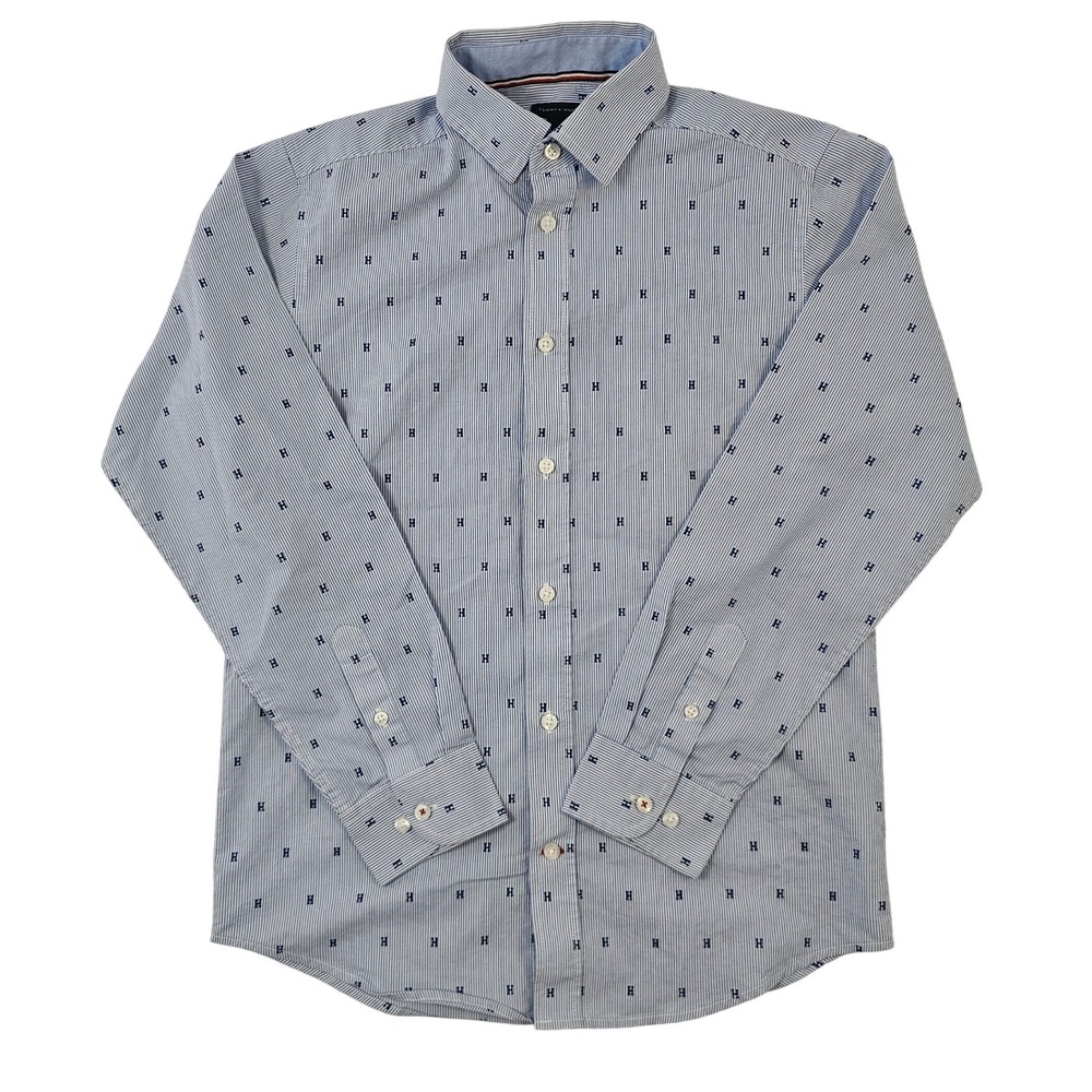 Tommy Hilfiger Boys Blue White Striped Monogram H Button Down Shirt Size 14